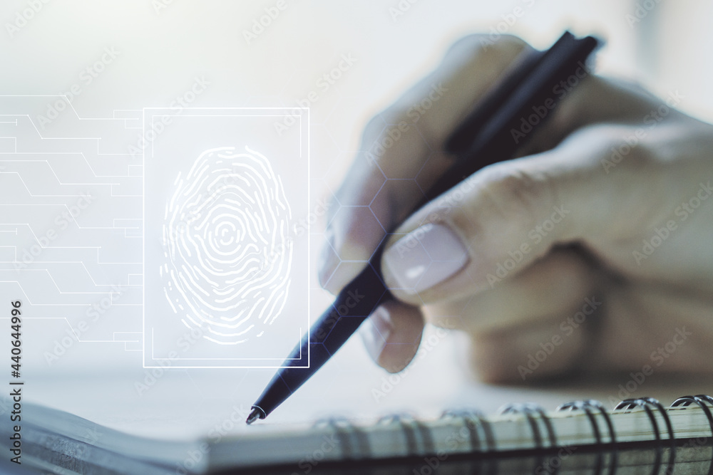 Poster double exposure of abstract creative fingerprint hologram with woman hand writing in notepad on back