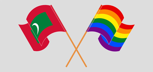Crossed and waving flags of Maldives and LGBTQ