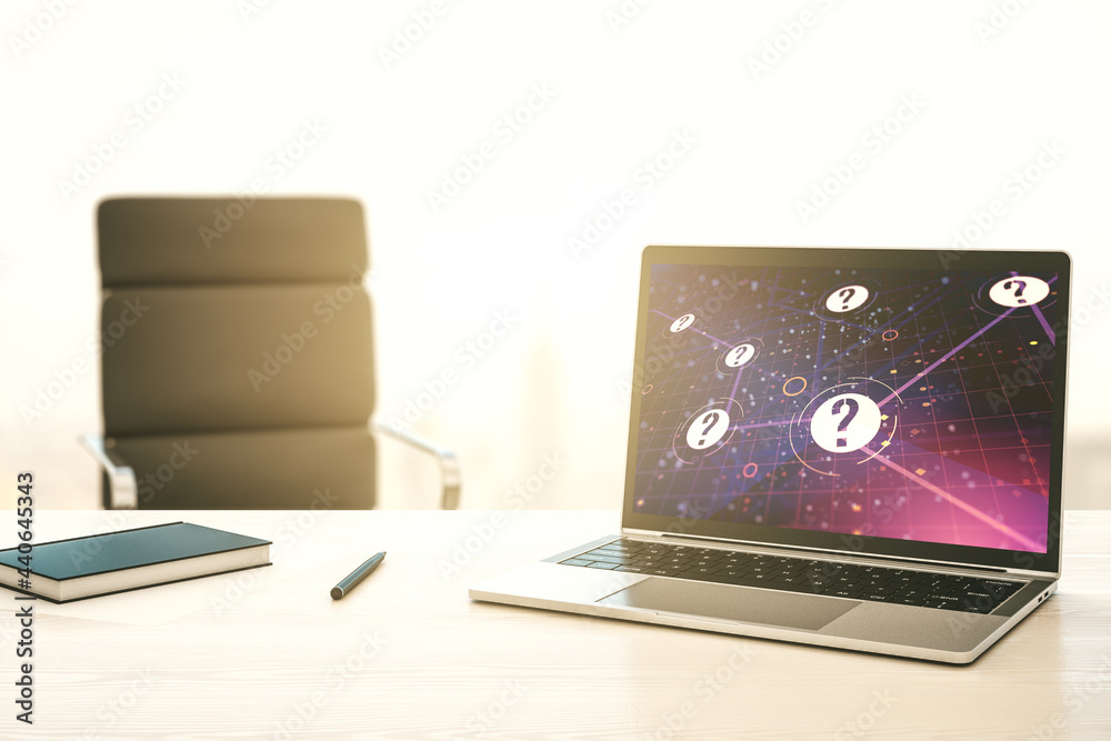 Aufkleber Creative abstract question mark sketch on modern laptop monitor, FAQ and research concept. 3D Rendering