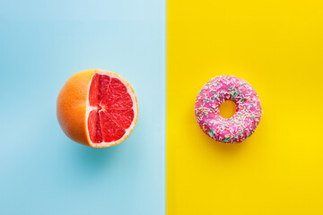 Healthy and unhealthy food, Flat layer, Two color background, Pink donuts on yellow, juicy...
