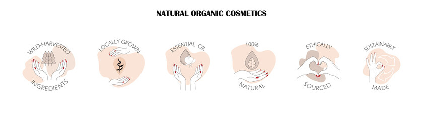 logo templates, icons and badges for natural organic cosmetics with safe wild harvested, plant based eco ingredients, sustainably made, ethically sourced. Vector set of line design elements for beauty