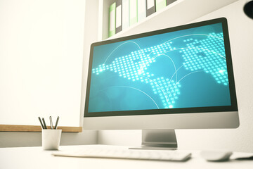 Fototapeta premium Abstract creative world map with connections on modern laptop screen, international trading concept. 3D Rendering