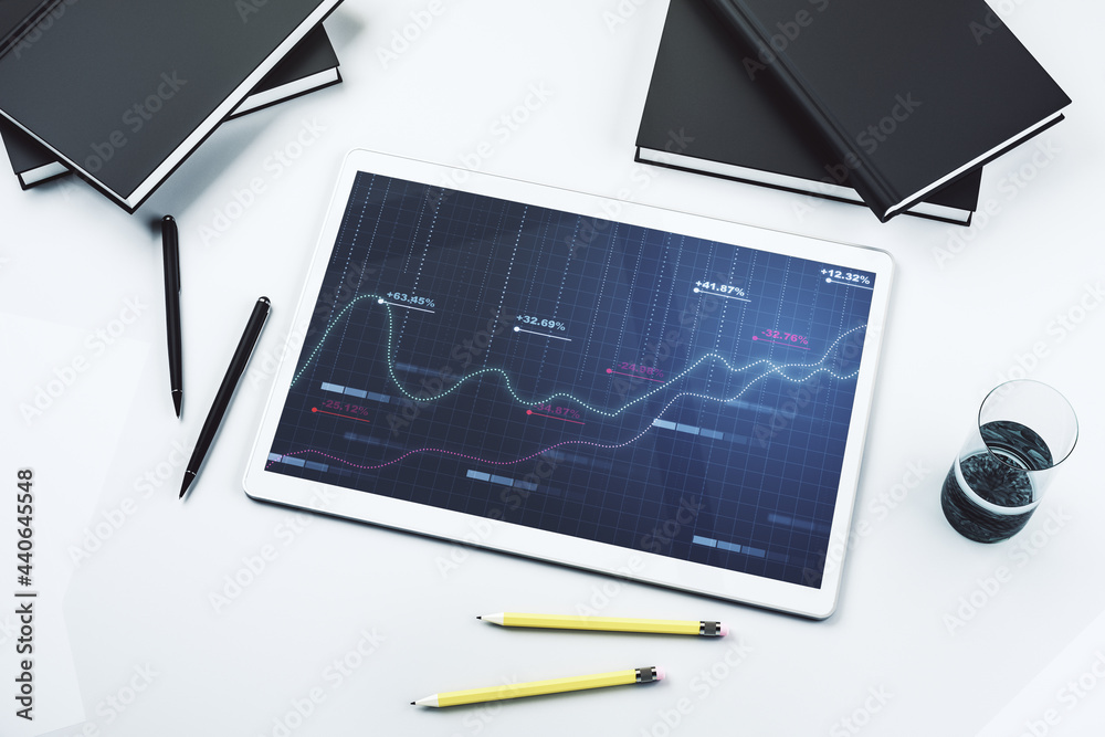 Aufkleber top view of modern digital tablet display with abstract creative analytics data spreadsheet, analyti