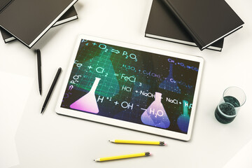 Creative chemistry hologram on modern digital tablet screen, pharmaceutical research concept. Top view. 3D Rendering