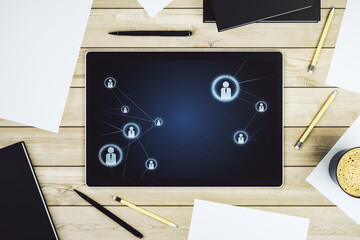 Social network concept on modern digital tablet screen. Top view. 3D Rendering