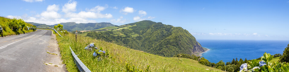 Fototapeta na wymiar Panorama view over landscape, street, nature, Azores islands.