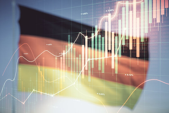 Double exposure of virtual creative financial diagram on flag of Germany and blue sky background, banking and accounting concept