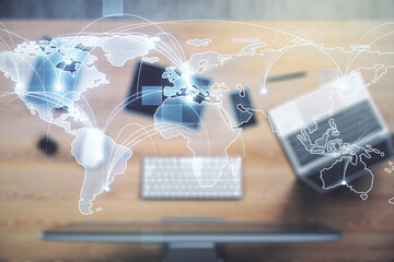 Abstract graphic digital world map with connections on modern computer background, globalization concept. Multiexposure
