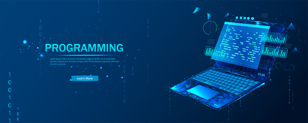 Software, web development, programming concept. Abstract programming language and program code on a laptop screen. Web development, coding, and programming. Polygonal style.