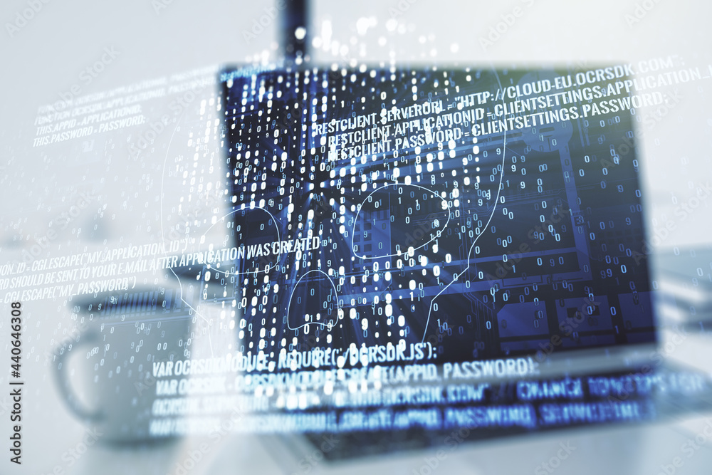 Poster creative code skull hologram on modern computer background, cybercrime and hacking concept. multiexp
