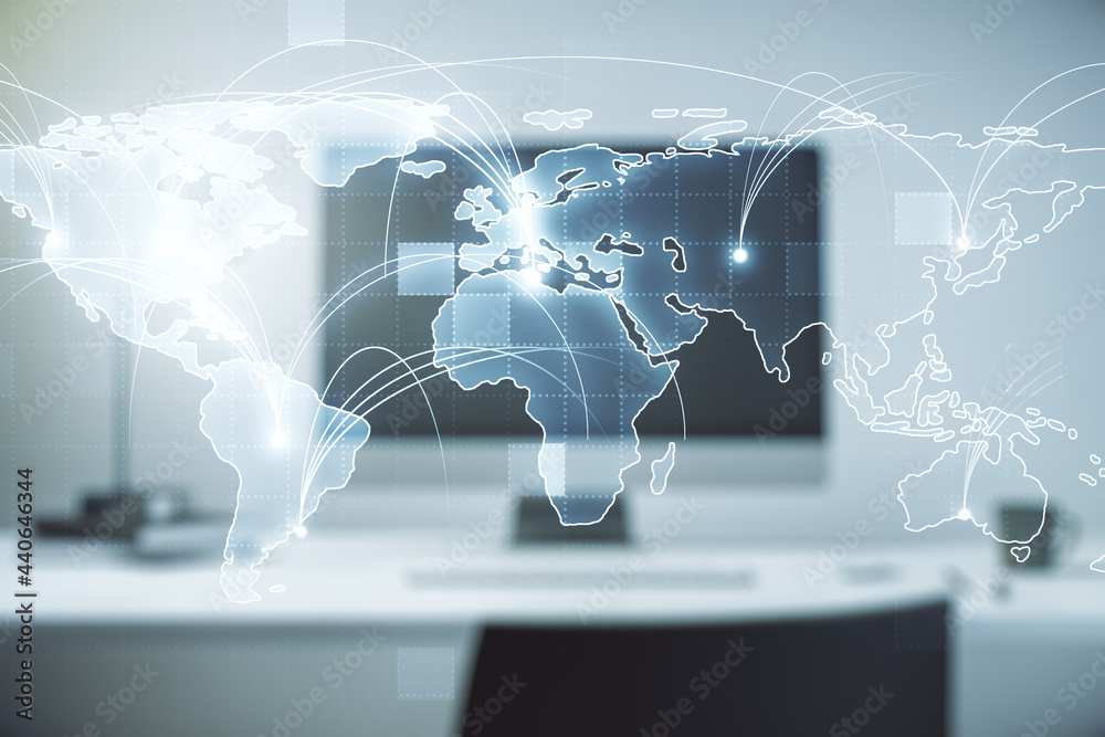 Aufkleber abstract graphic digital world map with connections on modern computer background, globalization con