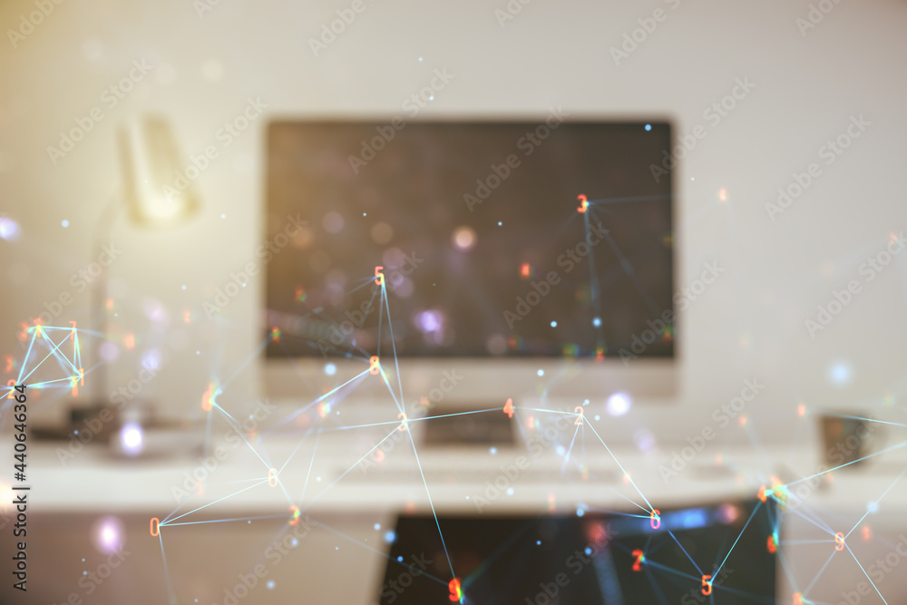 Aufkleber double exposure of technology hologram on laptop background. research and development software conce