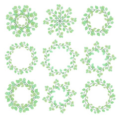 A set of different wreaths of light green and transparent foliage. Decorative items. Decorative round frame, template for text.