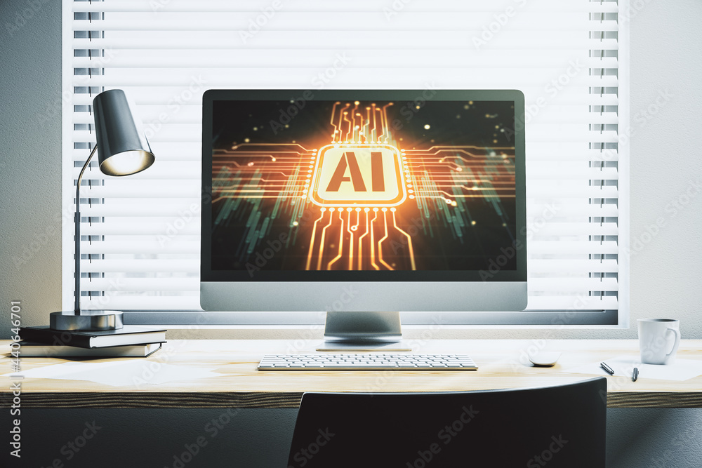 Aufkleber Creative artificial Intelligence symbol concept on modern laptop screen. 3D Rendering