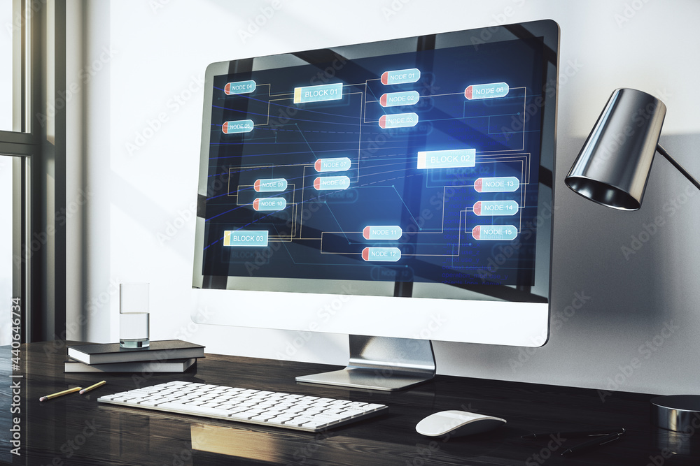 Fototapete abstract creative coding concept on modern laptop screen. 3d rendering