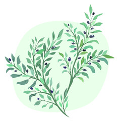 Two olive branches with olives. Vector illustration. Decorative round frame, template for text.