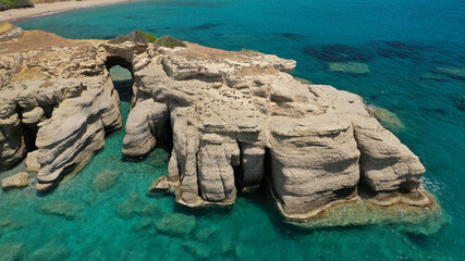Aerial drone photo not so famous Limnitsa beach with strange rock formations near small picturesque...
