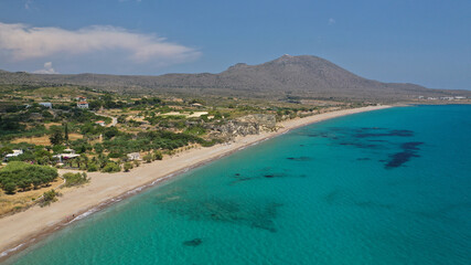 Fototapeta na wymiar Aerial drone photo of famous Palaiopoli beach near small picturesque village of Avlemonas, Kythira island, Ionian, Greece