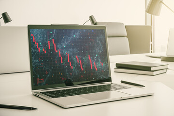 Creative concept of crisis chart illustration on modern laptop screen. Global crisis and bankruptcy concept. 3D Rendering