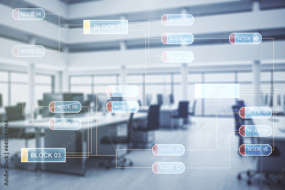Aufkleber multi exposure of abstract software development hologram on modern corporate office background, rese