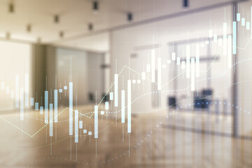 Double exposure of virtual creative financial diagram on a modern furnished office interior background, banking and accounting concept