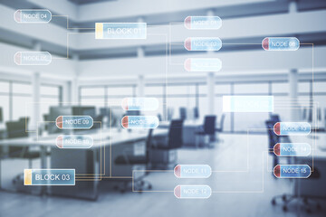 Fototapeta premium Multi exposure of abstract software development hologram on modern corporate office background, research and analytics concept