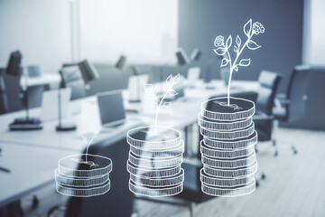Double exposure of virtual cash savings hologram on modern corporate office background. Development and achievement of goals concept