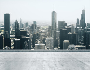 Empty concrete dirty rooftop on the background of a beautiful Chicago city skyline at morning, mockup