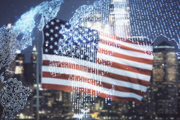 Multi exposure of abstract graphic world map on US flag and skyline background, big data and networking concept