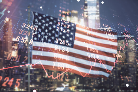 Multi exposure of abstract virtual graphic data spreadsheet sketch on US flag and skyline background, analytics and analysis concept - Powered by Adobe