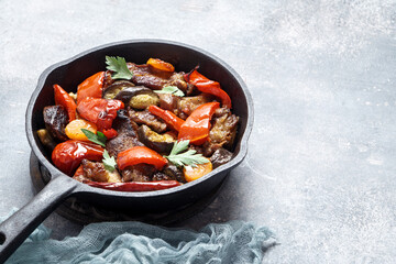 Grilled pork and vegetable on pan with copy space