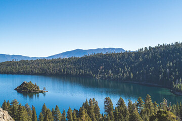 Emerald Bay, Lake Tahoe, California with view of Fannette island on clear day