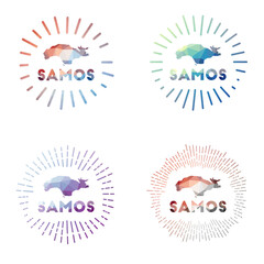 Samos low poly sunburst set. Logo of island in geometric polygonal style. Vector illustration.