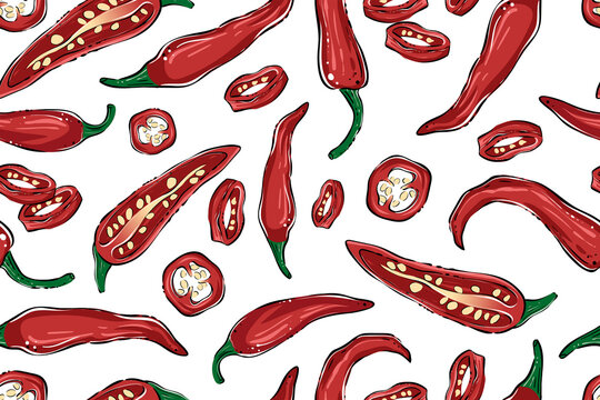 Seamless pattern of chili peppers, color, vector