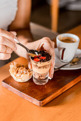 Delicious Dessert Cafe Gourmand Close Up Restaurant On a Wooden Table Coffee High Res