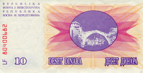 Paper money banknote bill of Bosnia and Herzegovina 10 Dinara, circa 1992
