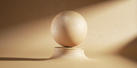 3d render, abstract beige background with big ball placed on a podium. Modern minimal scene illuminated with bright light