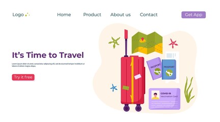 Landing page template of travel stuff for adventure tourism, travel. Journey decorative design with  shells, accessories, suitcase, baggage. Flat cartoon trendy vector - 440649565