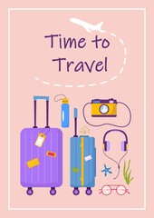 Poster with text Time to travel and  stuff for adventure tourism. Journey decorative design with shells, luggage, accessories, camera. Flat cartoon modern vector