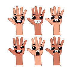 Hands with different emotions on them. Cartoon funny character of human hand. Vector illustration in cartoon children s style. Isolated funny clipart on a white background. Cute print
