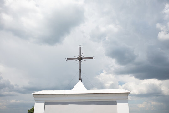 View on cross on sky background from drone