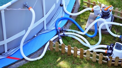 Pool water filtration system, outdoor sand pump. Maintaining the purity of water, cleaning from...