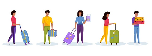 Fototapeta na wymiar Woman and man holding luggage for adventure tourism, travel. Journey decorative design with people and suitcase, baggage for traveler. Flat cartoon trendy vector.
