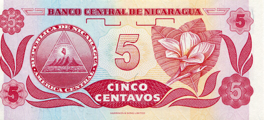 paper money banknote bill of Nicaragua 5 centavo, circa 1991