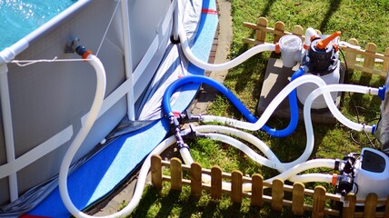 Pool water filtration system, outdoor sand pump. Maintaining the purity of water, cleaning from...