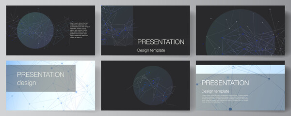 Vector layout of presentation slides design business templates, multipurpose template for presentation brochure, brochure cover, report. Blue medical background with connecting lines and dots, plexus.