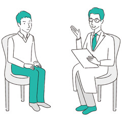 手描き1color 若い男性　診療・ 検診・診察　対面　医者