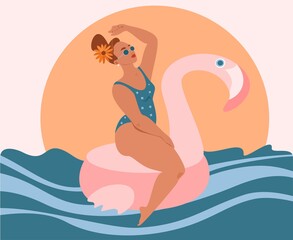 Beautiful young woman in bikini floating and sunbathing on inflatable ring in the shape of flamingo. Summer rest and vacation in swimming pool. Party invitation card. Vector flat illustration.