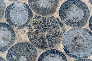 Background from wooden rounds used as a road surface in parks and summer cottages