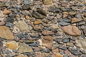 Detail of a stone wall with different size of rocks.